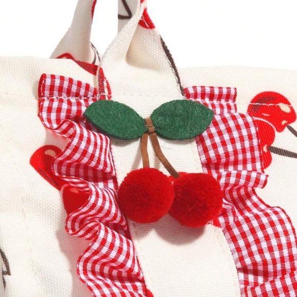 Cherry Print Tote Bag. Lightweight canvas material. Includes crossbody strap. - Picture 4 of 9